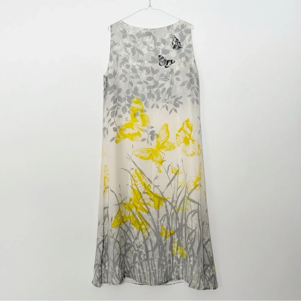 VTG 90s Y2K Mureli Woman Silk Gray Yellow Butterfly Floral RelaxMaxi Dress XL - Picture 2 of 8